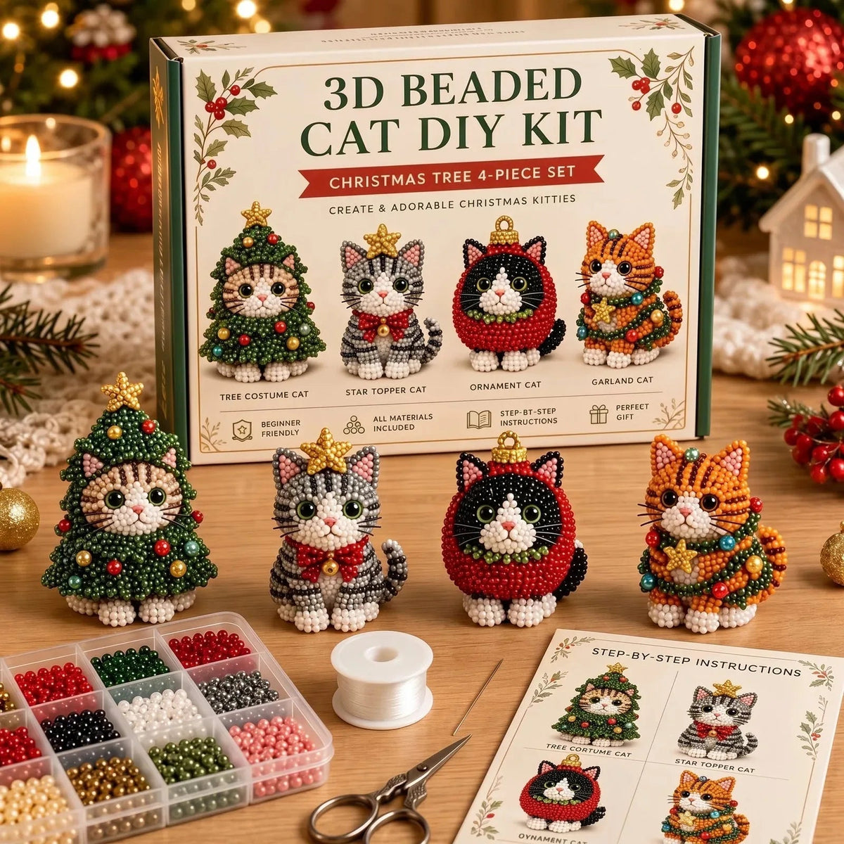DIY beaded Christmas ornament kit Cat Set B tree theme