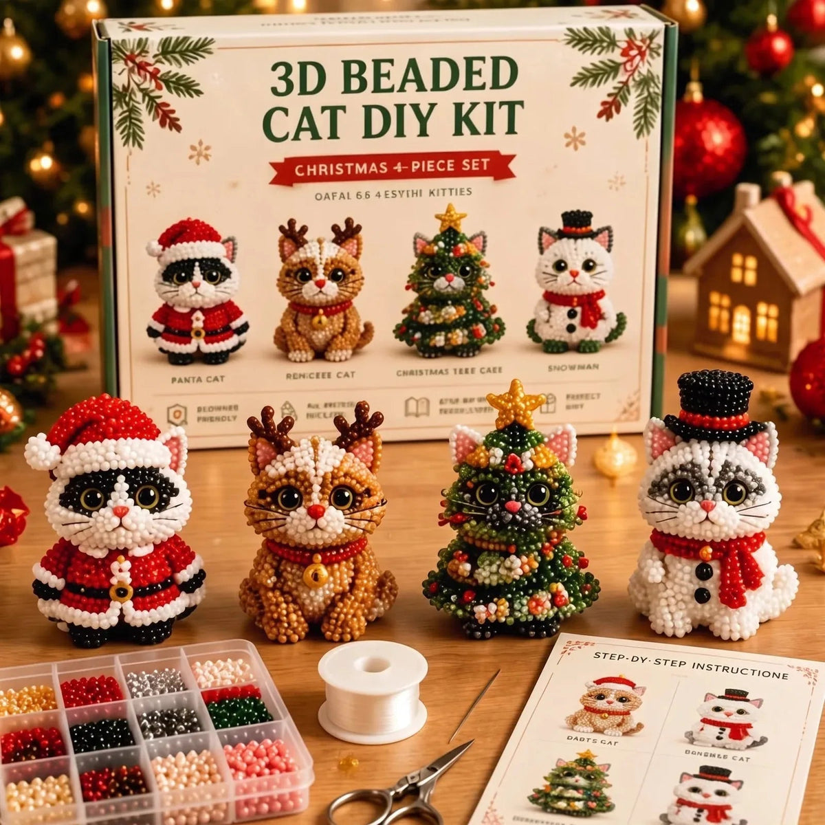 DIY beaded Christmas ornament kit Cat Set F santa hat theme